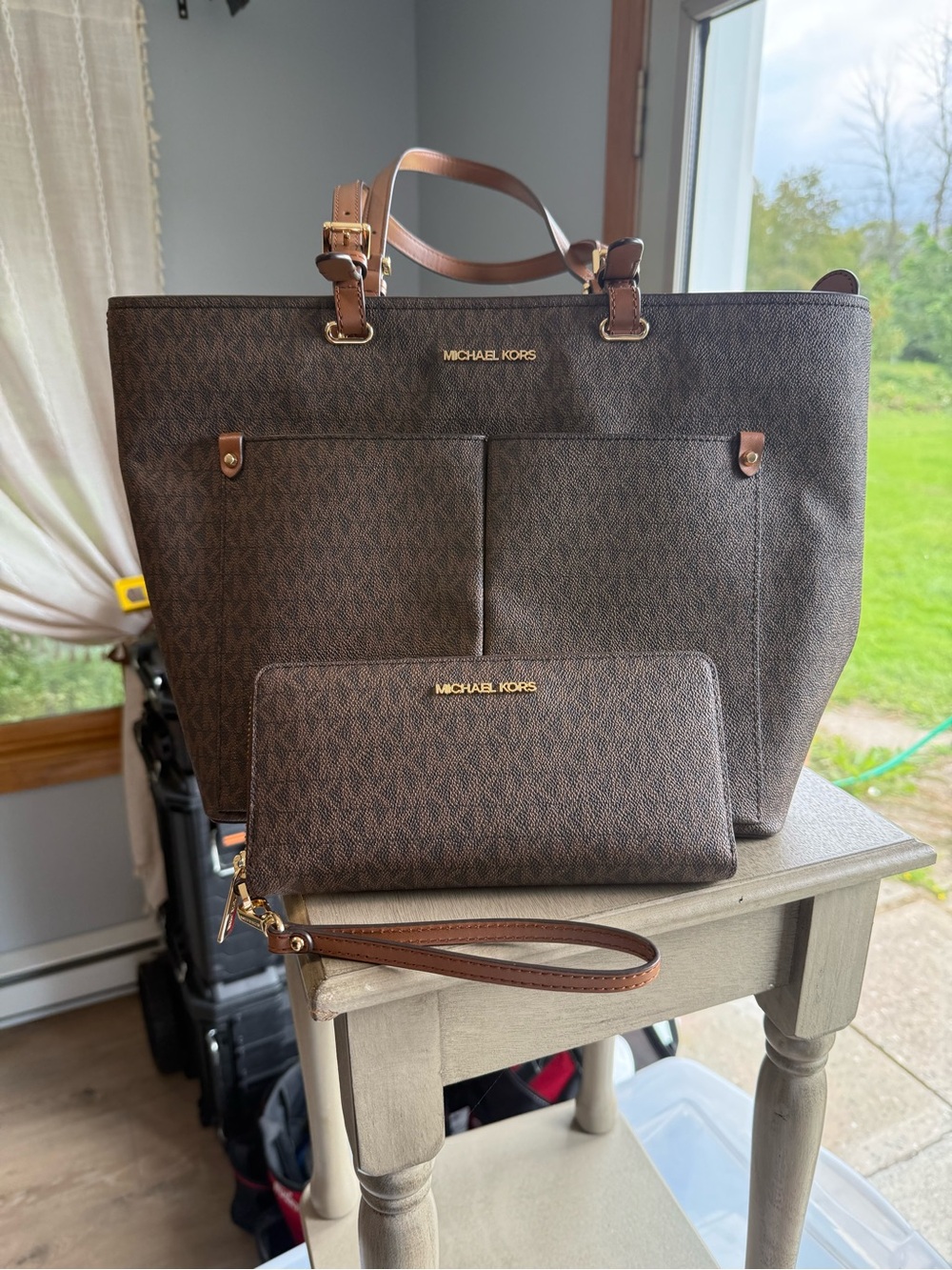 Michael Kors Brown Logo-Print Tote with Matching Wristlet
